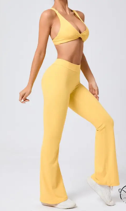Peach tight brushed yoga hip raise flared pants with high waist tie front