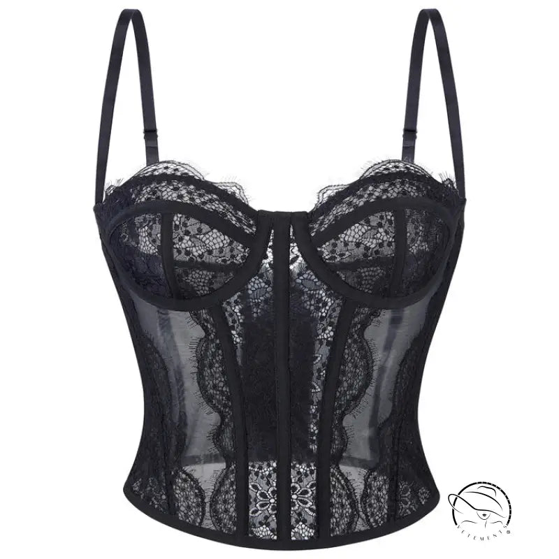 Black lace langry camisole outerwear top bra with floral patterns