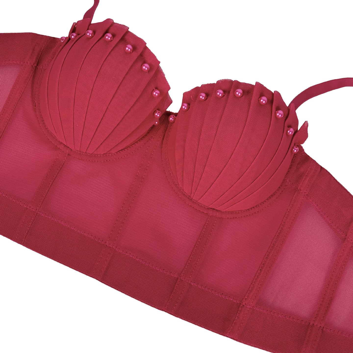 Red Langry pleated bra with silver beads in mesh corset