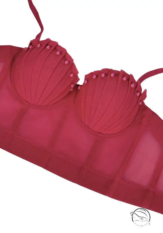 Red pleated mesh corset bra with silver beads and thin straps in Langry fashion