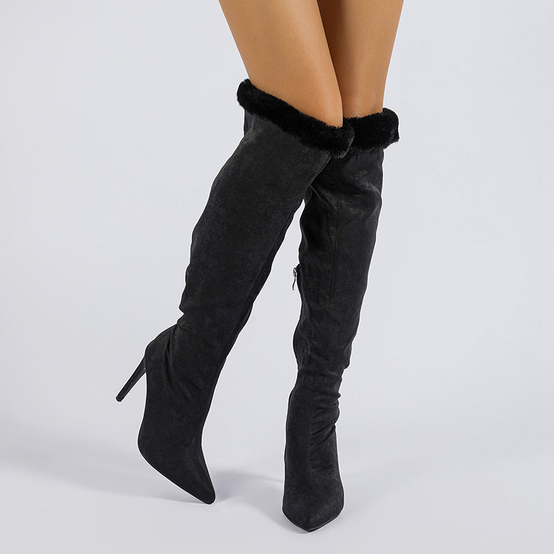 Black thigh-high stiletto boots with fur trim in Heel High Leg Boot style