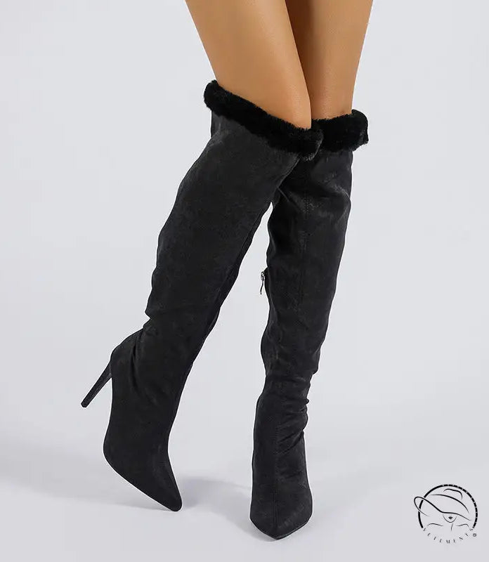 Black thigh-high stiletto heel high leg boot with fur trim