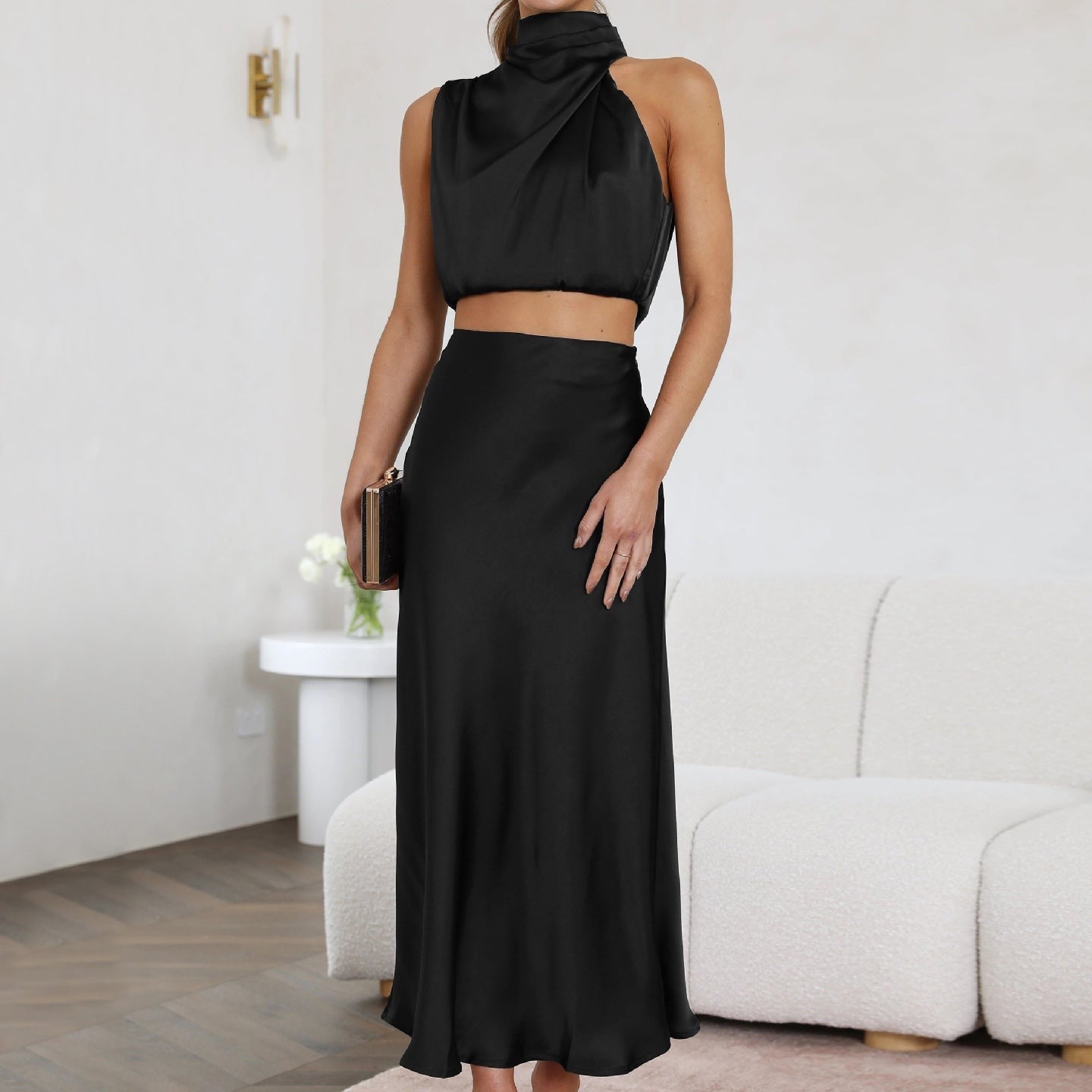Black satin draping skirt set from ENCHANTING DRAPING SKIRT SET collection