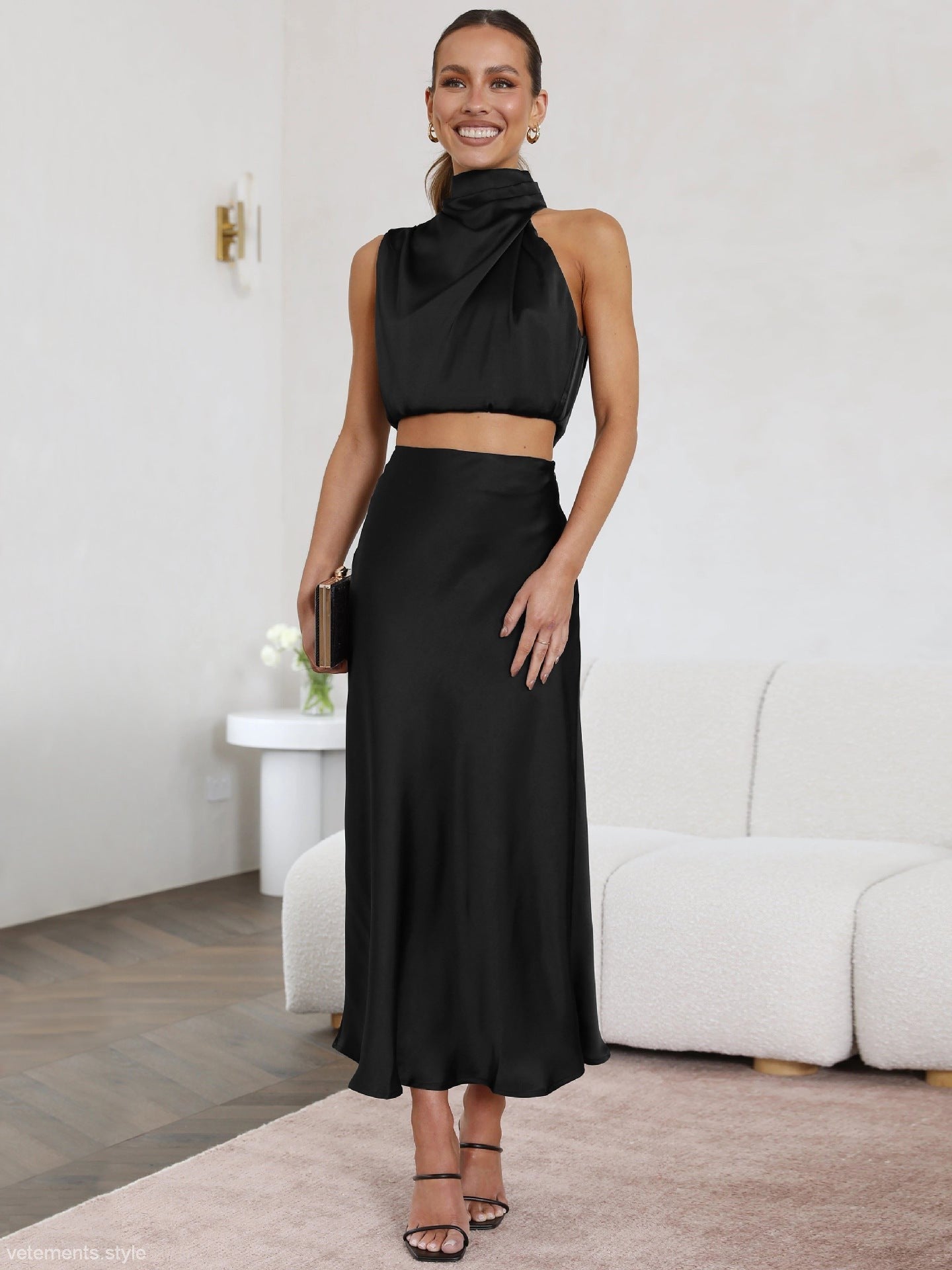Black satin draping skirt set from ENCHANTING DRAPING SKIRT SET collection