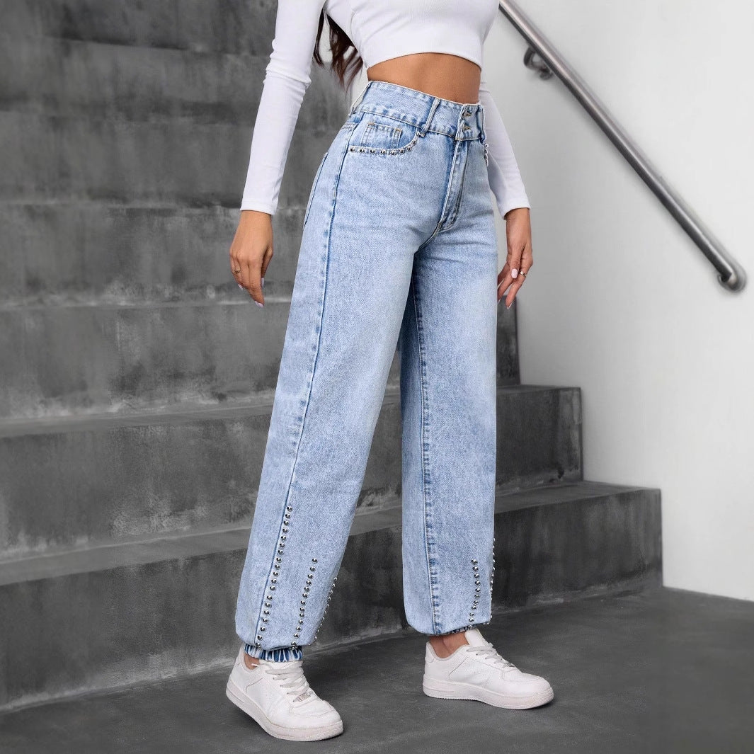 Light wash high-waisted match beaded straight jeans with elasticized cuffs for versatile style
