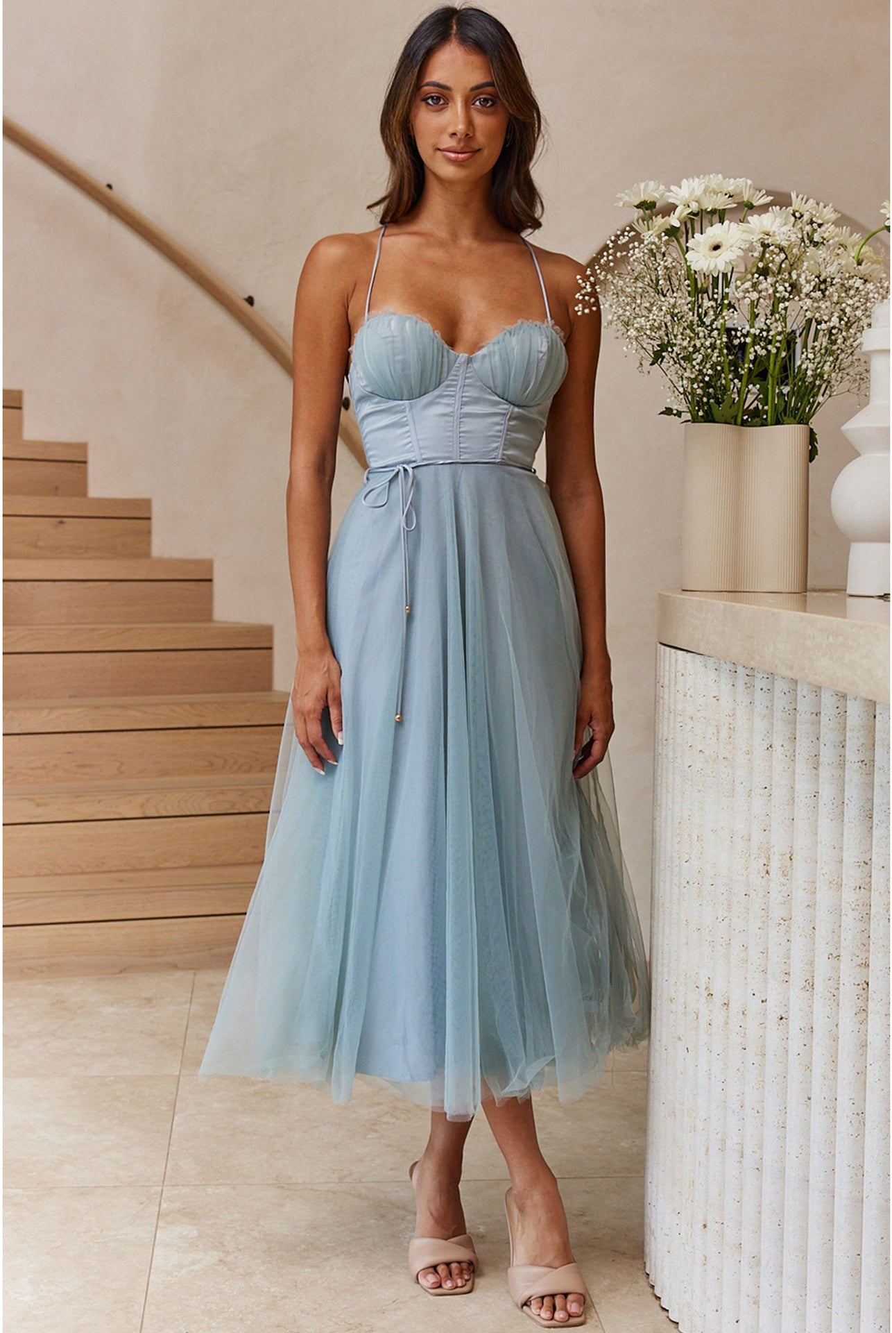 Light blue tulle midi dress from Elegant Sling Dress collection, perfect for a sexy sling dress look