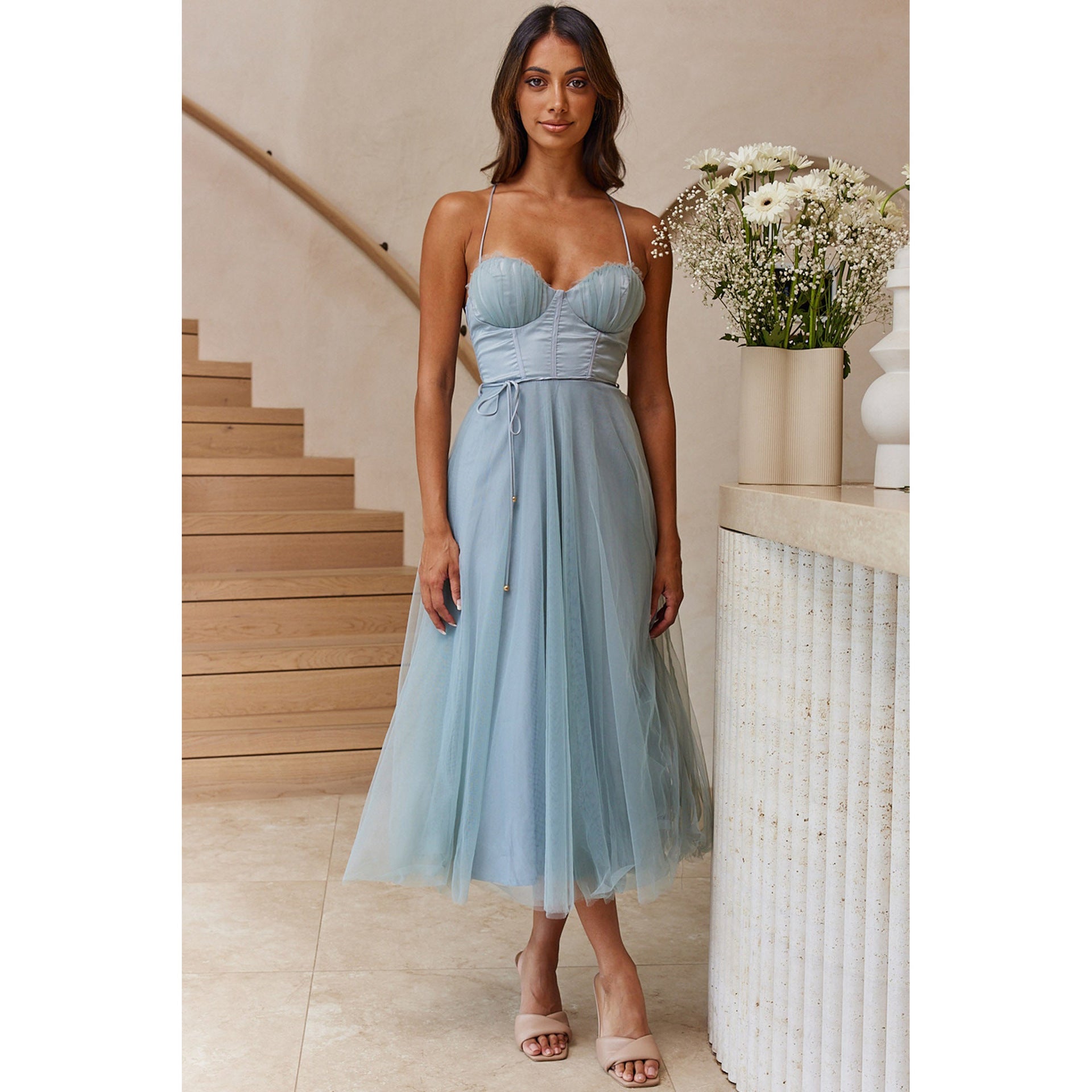Light blue Tulle midi dress from Elegant Sling Dress collection, perfect for a sexy sling dress look