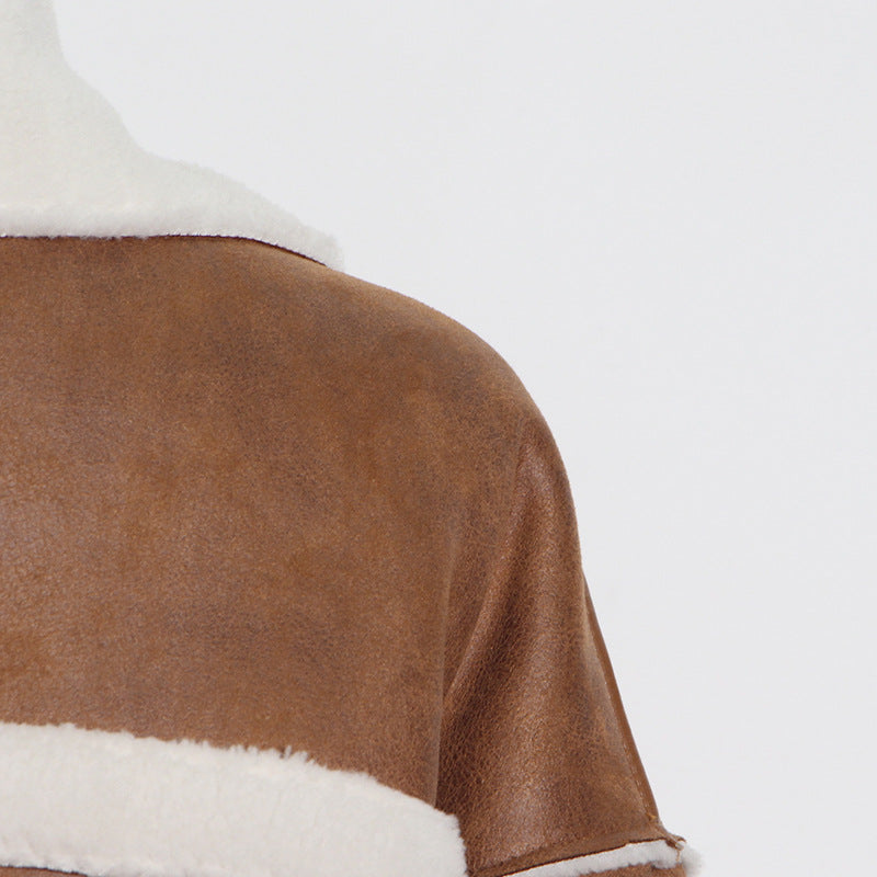 Brown faux-suede Lamb Wool Coat Women Autumn with white faux-fur trim fashionably designed