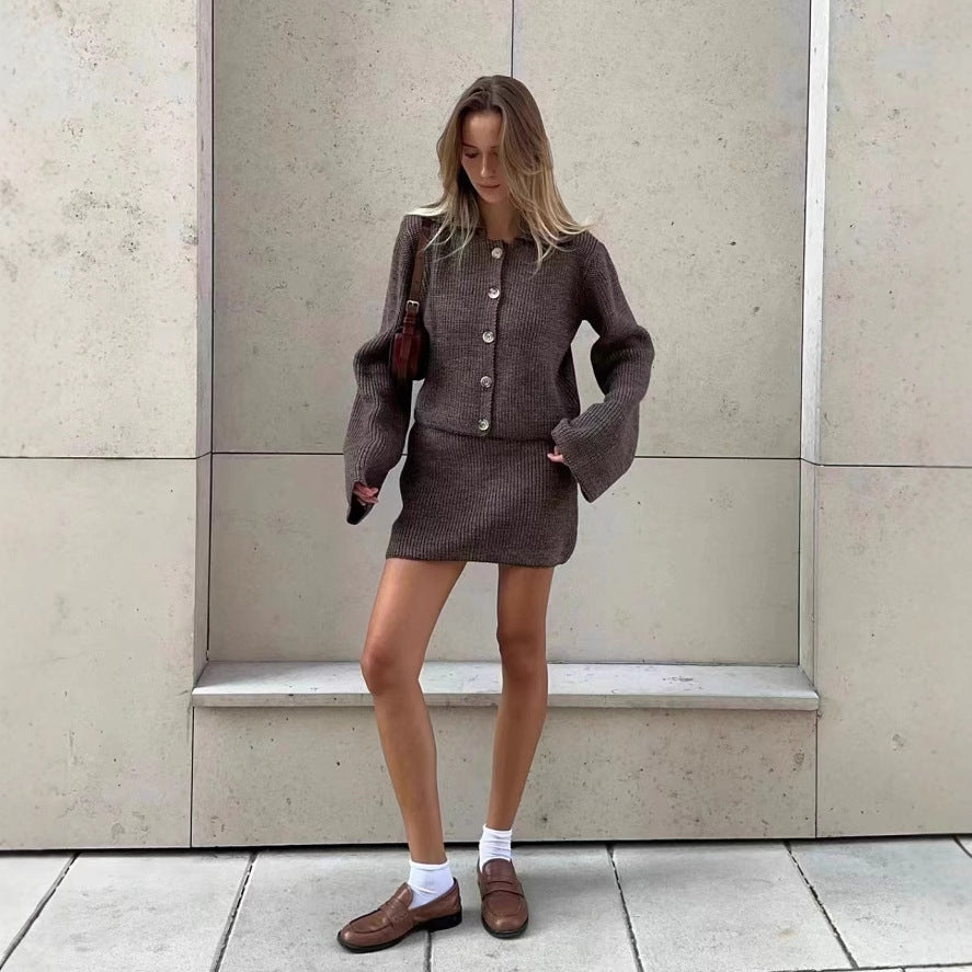 Brown knit skirt suit from Cardigan Short Skirt Woolen Sets, stylish langry fashionملابس