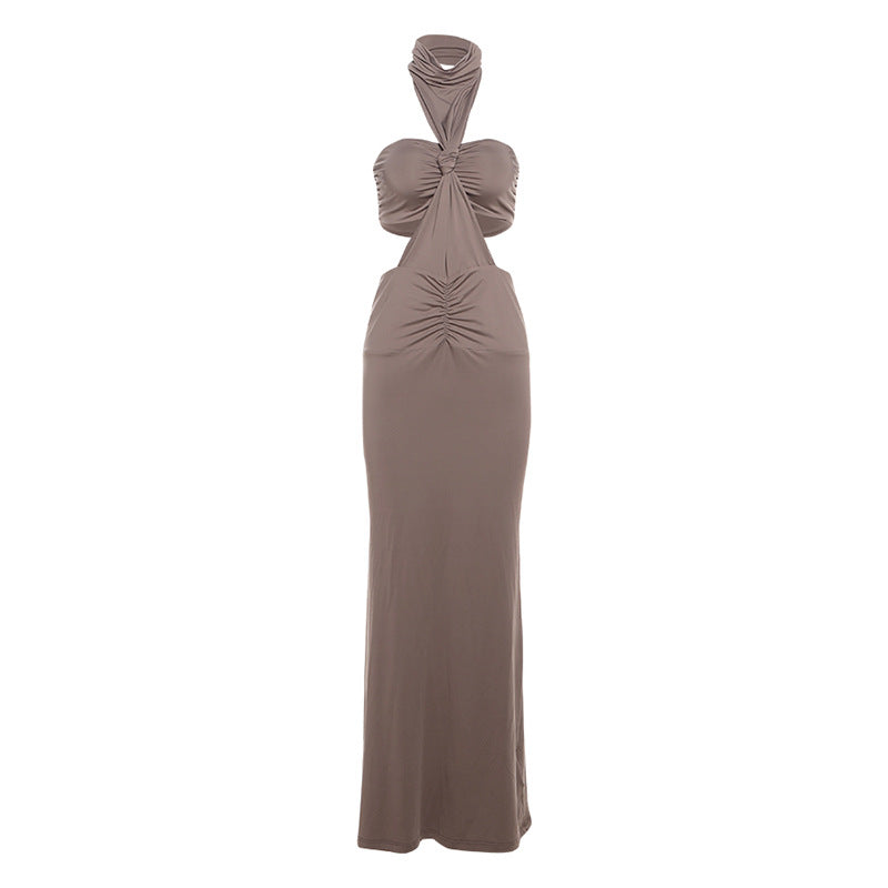 Taupe halter maxi dress from Summer Women Elegant Backless Tube Top Halter Set, perfect for stylish fashion occasions