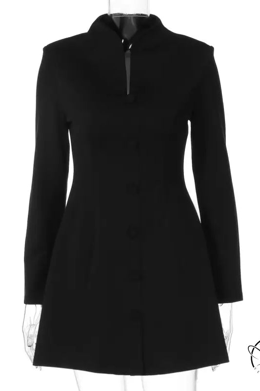 Elegant cardigan buckle waist slimming black peplum dress with long sleeves