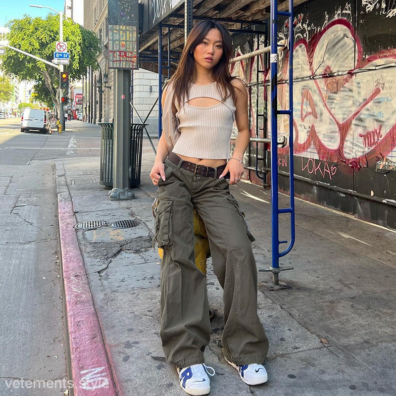 Woman wearing HIP HOP LOW WAIST DENIM PANTS showcasing trendy low waist cargo style