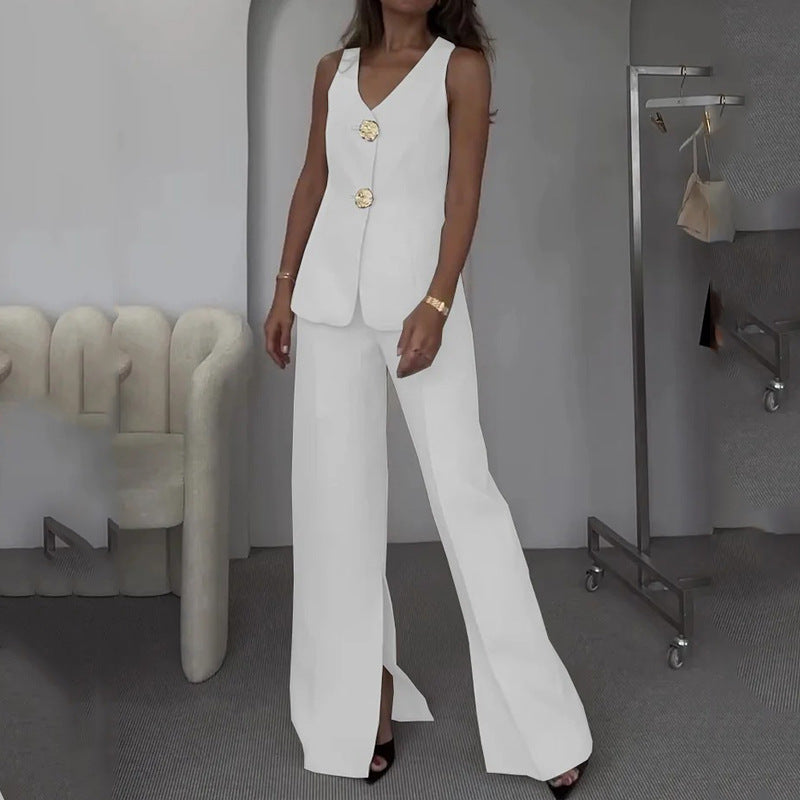 Elegant white sleeveless pantsuit from Autumn Casual Women Clothing, perfect for fashion and ملابس enthusiasts