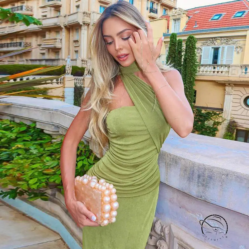 Olive green one-shoulder langry fashion dress with slim fit long ribbon