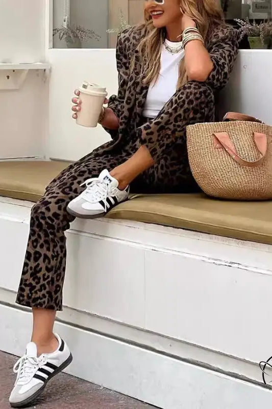 Leopard print casual cardigan coat set for work