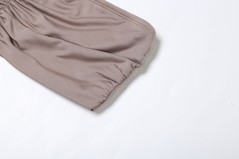 Taupe gathered sleeve detail from Summer Women Elegant Backless Tube Top Halter fashion set