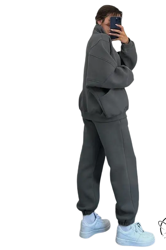 Comfy stand collar cardigan sweater suit in gray oversized style