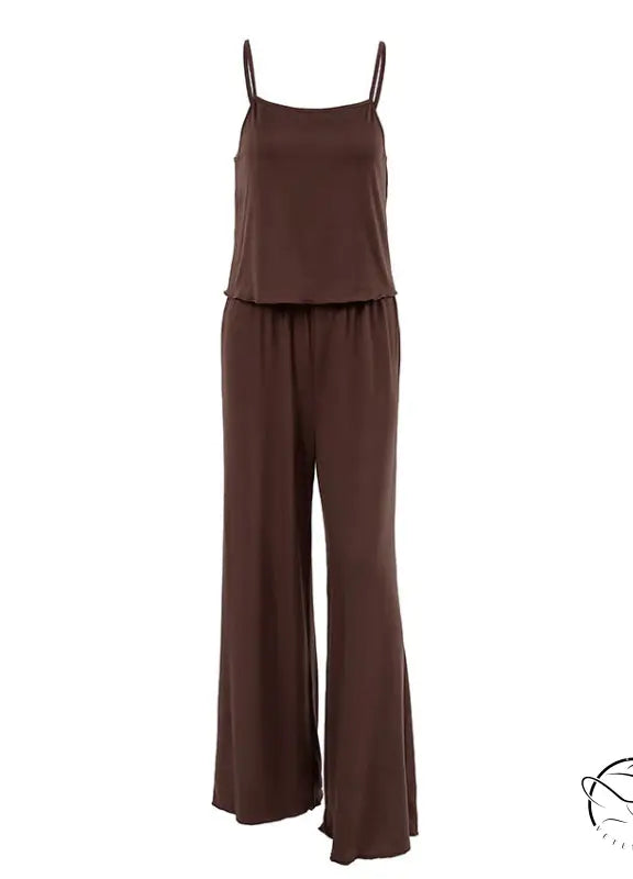Brown sleeveless wide-leg comfortable knitted pajamas jumpsuit