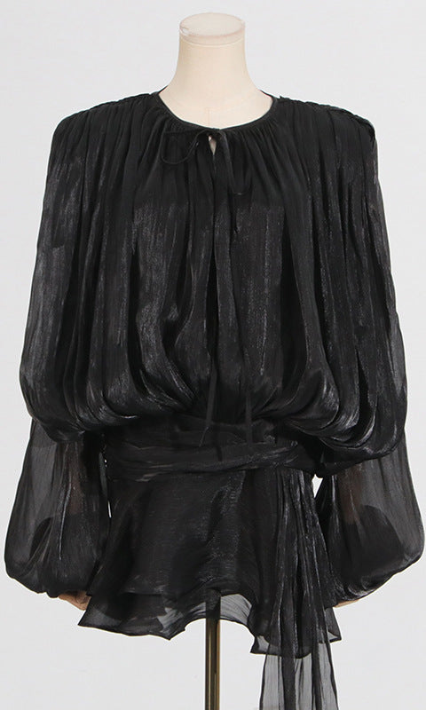 Black sheer long-sleeved blouse with tie waist in Gorgeous Design Short Mesh Dress fashion