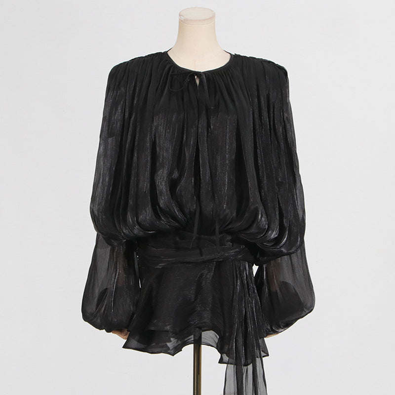 Black sheer long-sleeved blouse with tie waist in Gorgeous Design Short Mesh Dress fashion