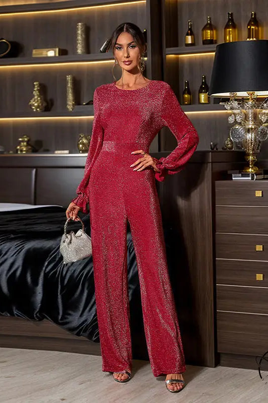 Elegant retro high waist jumpsuit on woman in red glitter