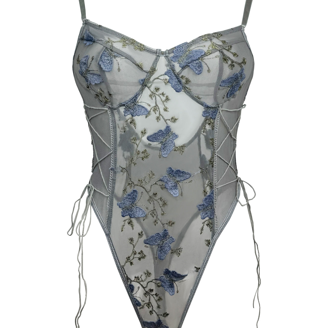 Grey mesh bodysuit with blue floral embroidery and lace-up details in elegant fashion ملابس