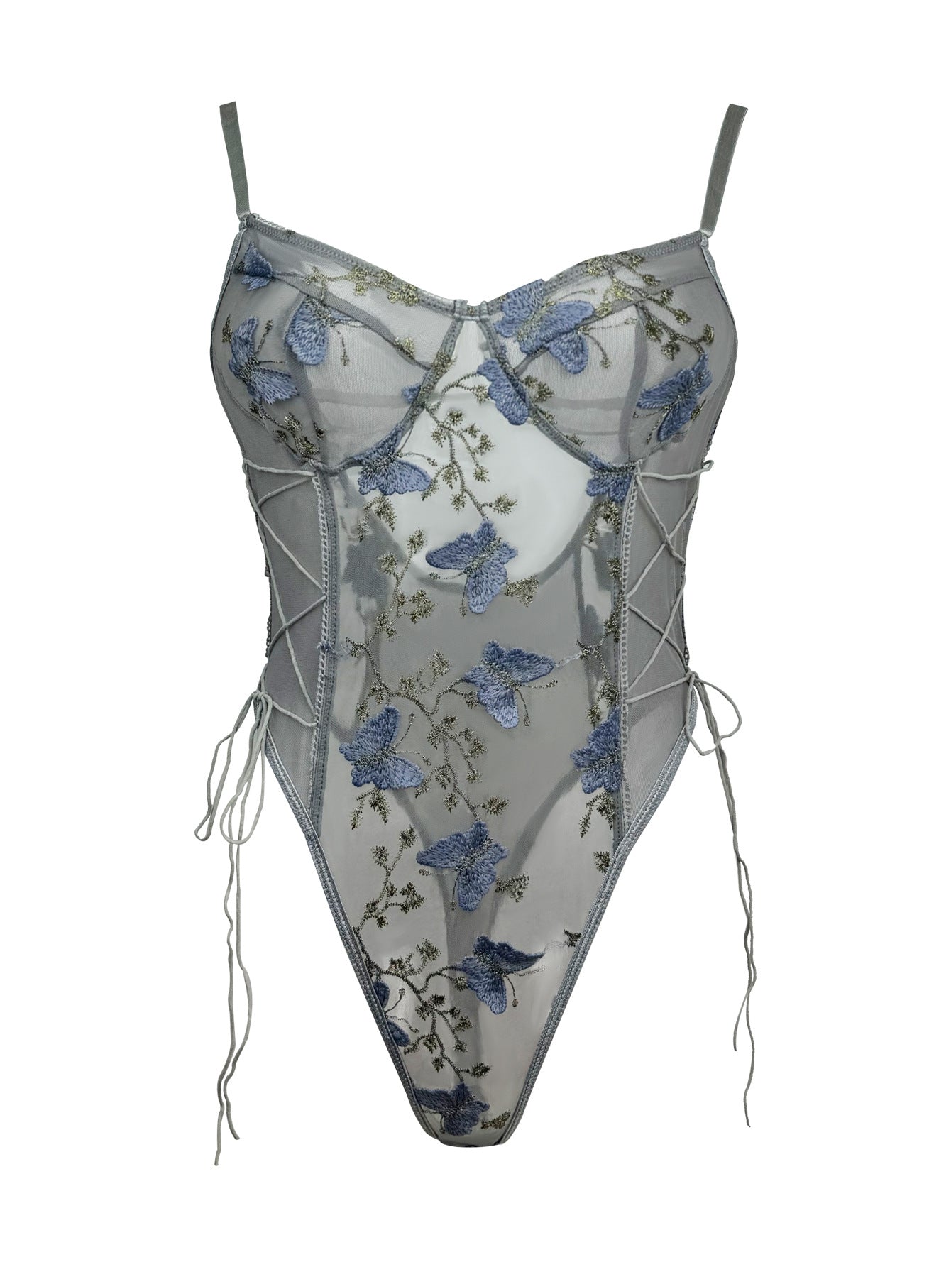 Grey mesh bodysuit with blue floral embroidery and lace-up details in elegant fashion ملابس