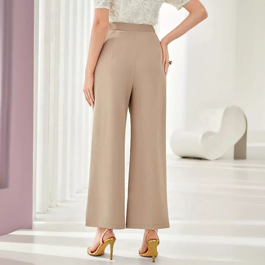 High-waisted beige wide leg cropped pants for elegant fashion and casual style