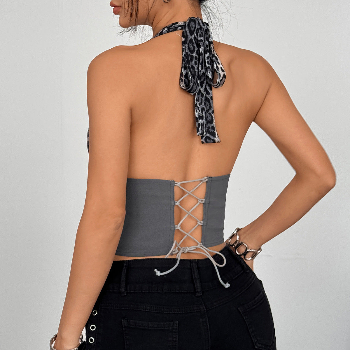 Langry fashion grey lace-up back top with leopard print tie in halter corset