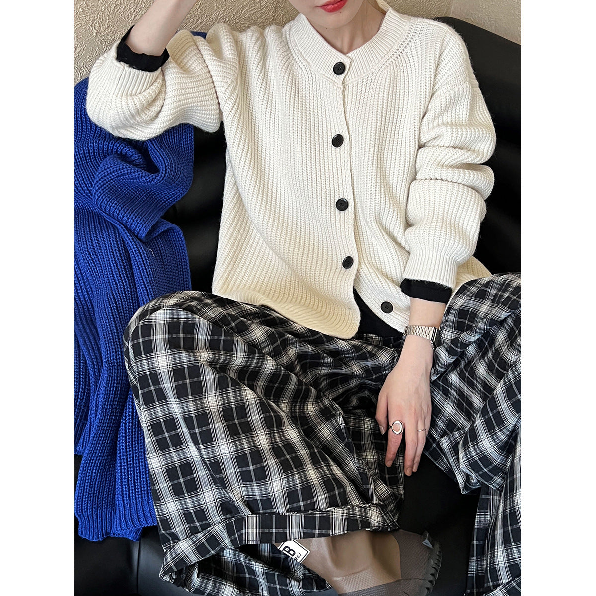 Woman’s cream-colored regular sleeve cardigan from Chic Cardigan Sweater collection