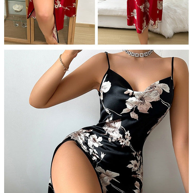 Ice Silk Sexy Slip Nightdress featuring satin floral print cowl neck and high slit