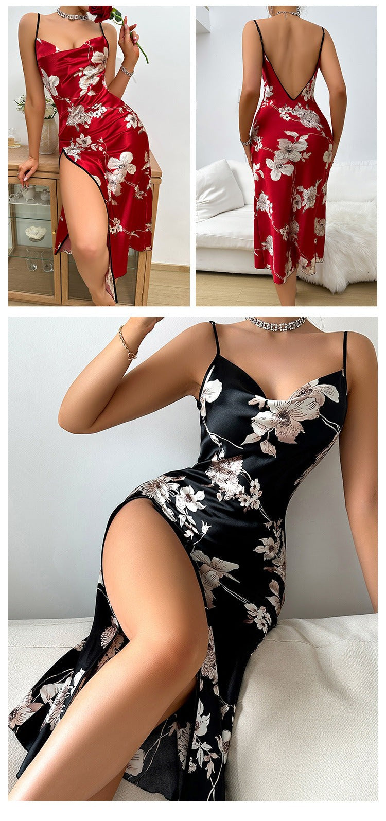 Ice Silk Sexy Slip Nightdress featuring satin floral print cowl neck and high slit