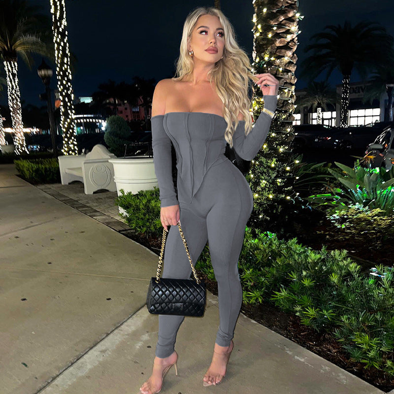 Gray off-the-shoulder jumpsuit with long sleeve collar long design for autumn winter women