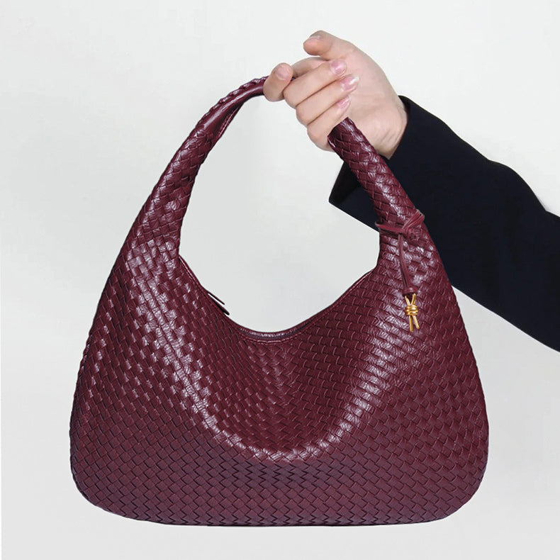 Burgundy woven leather hobo bag, a stylish choice for casual fashion and ملابس