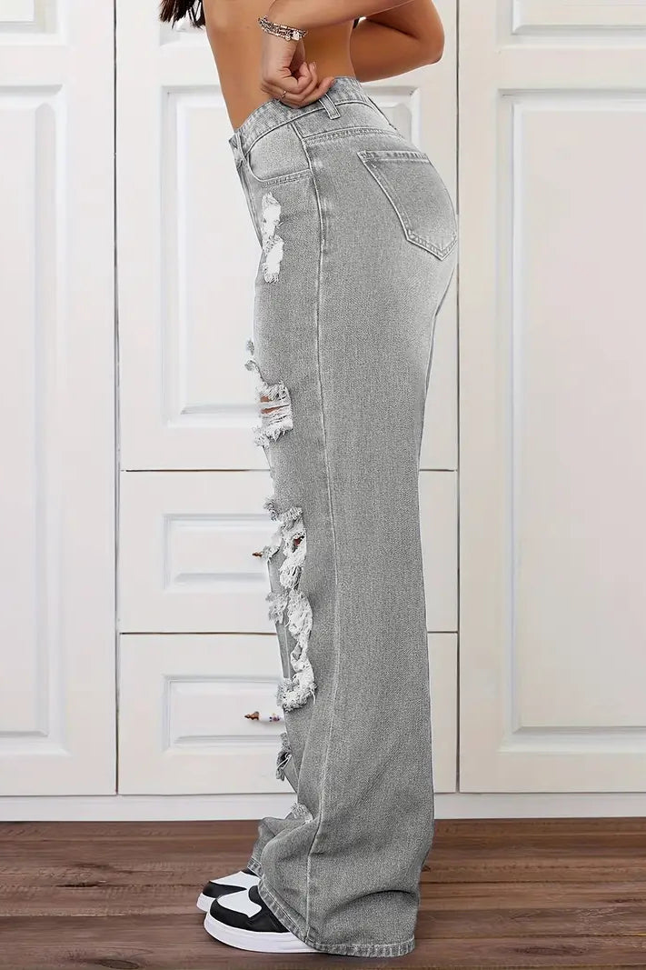 Langry fashion ripped washed high waist straight loose denim trousers in light gray distressed style with rips and frayed edges