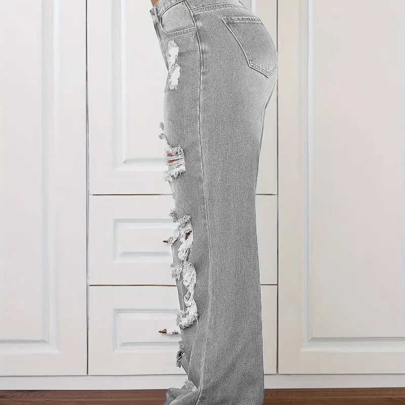 Langry fashion ripped washed high waist straight loose denim trousers in light gray distressed style with rips and frayed edges
