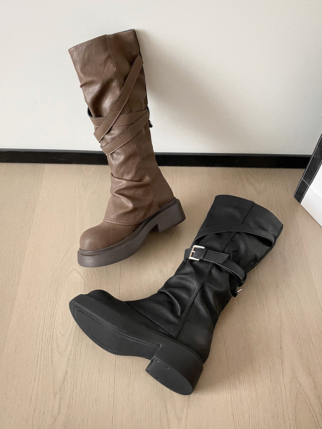 Waste Soil Brown Wrinkle High Tube Pile Long Boots