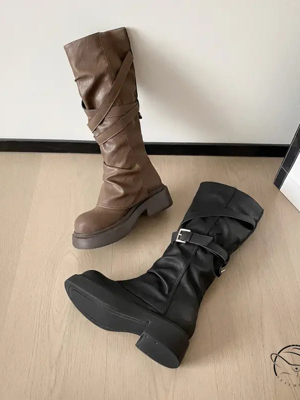 Waste Soil Brown Wrinkle High Tube Pile Long Boots