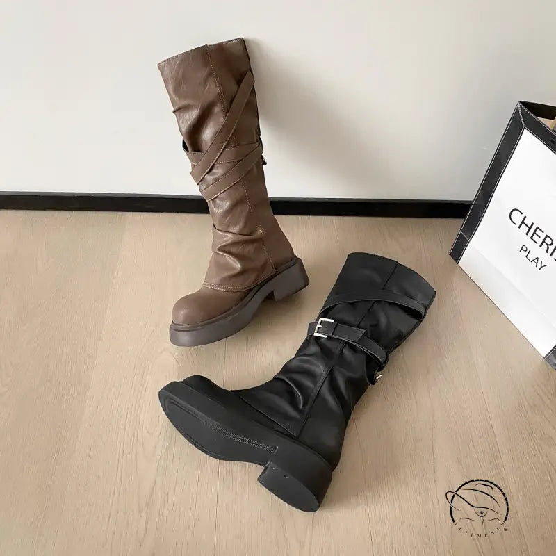 Waste Soil Brown Wrinkle High Tube Pile Long Boots