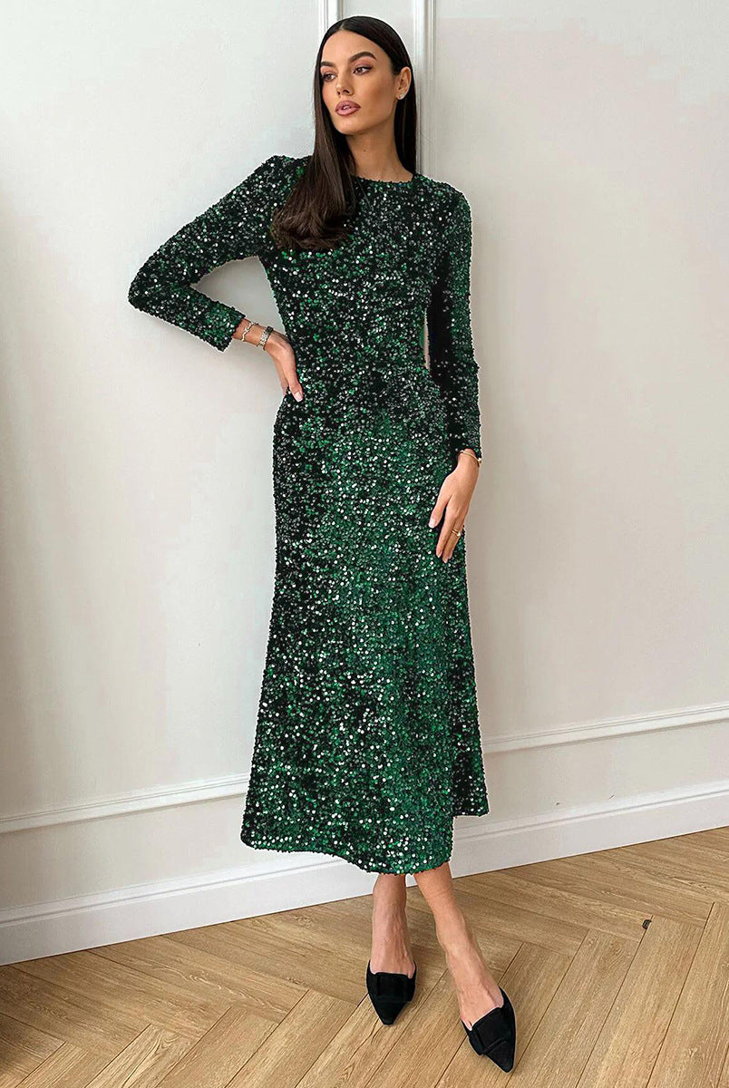 Emerald green sequin long-sleeve midi dress for elegant evening fashion ملابس