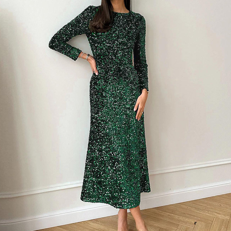 Emerald green sequin long-sleeve midi dress for elegant evening fashion ملابس