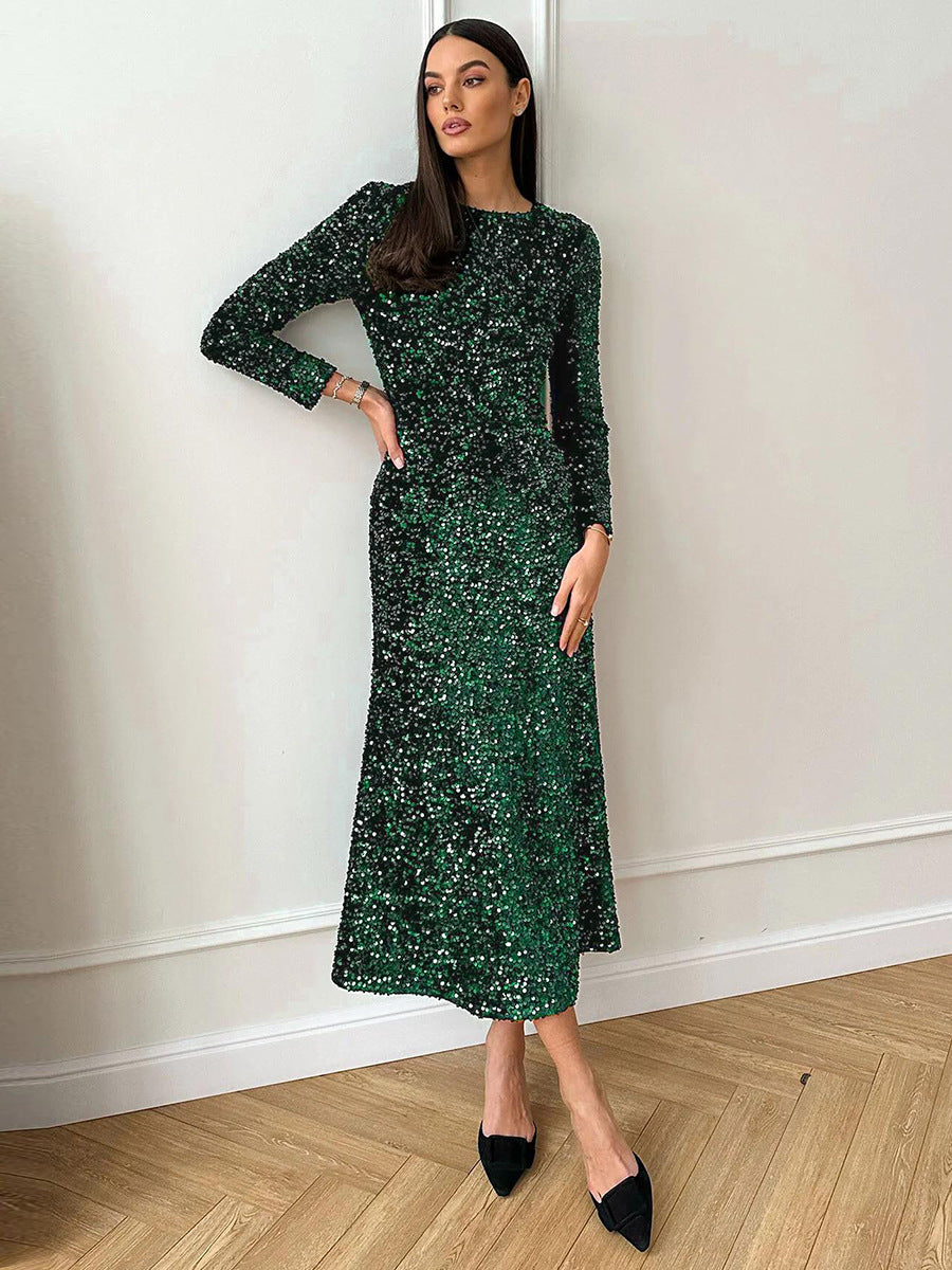 Emerald green sequin long-sleeve midi dress for elegant evening fashion ملابس