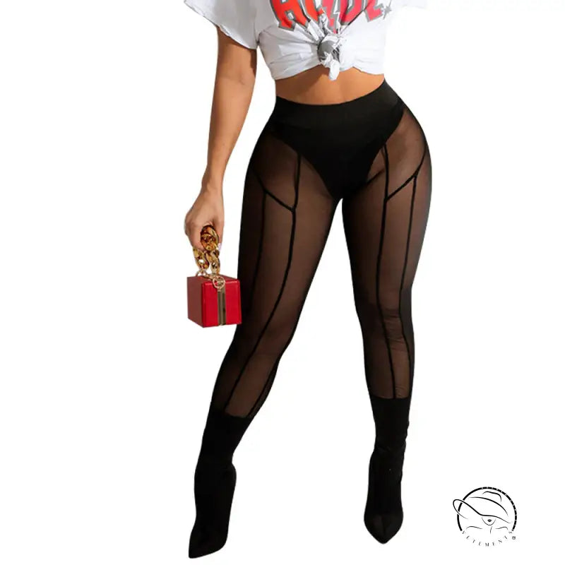 Tight mesh see-through black leggings with solid panels