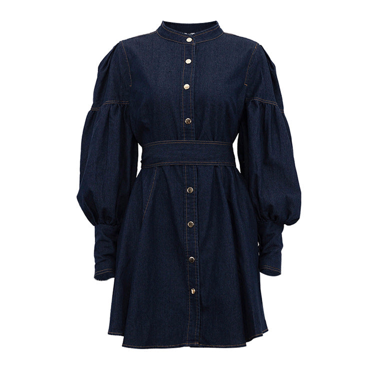 Dark blue denim shirt fashionable dress with puff sleeves, banded waist, and gold buttons