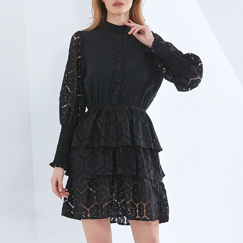 Black solid color tiered lace dress from Niche Spring French fashion collection