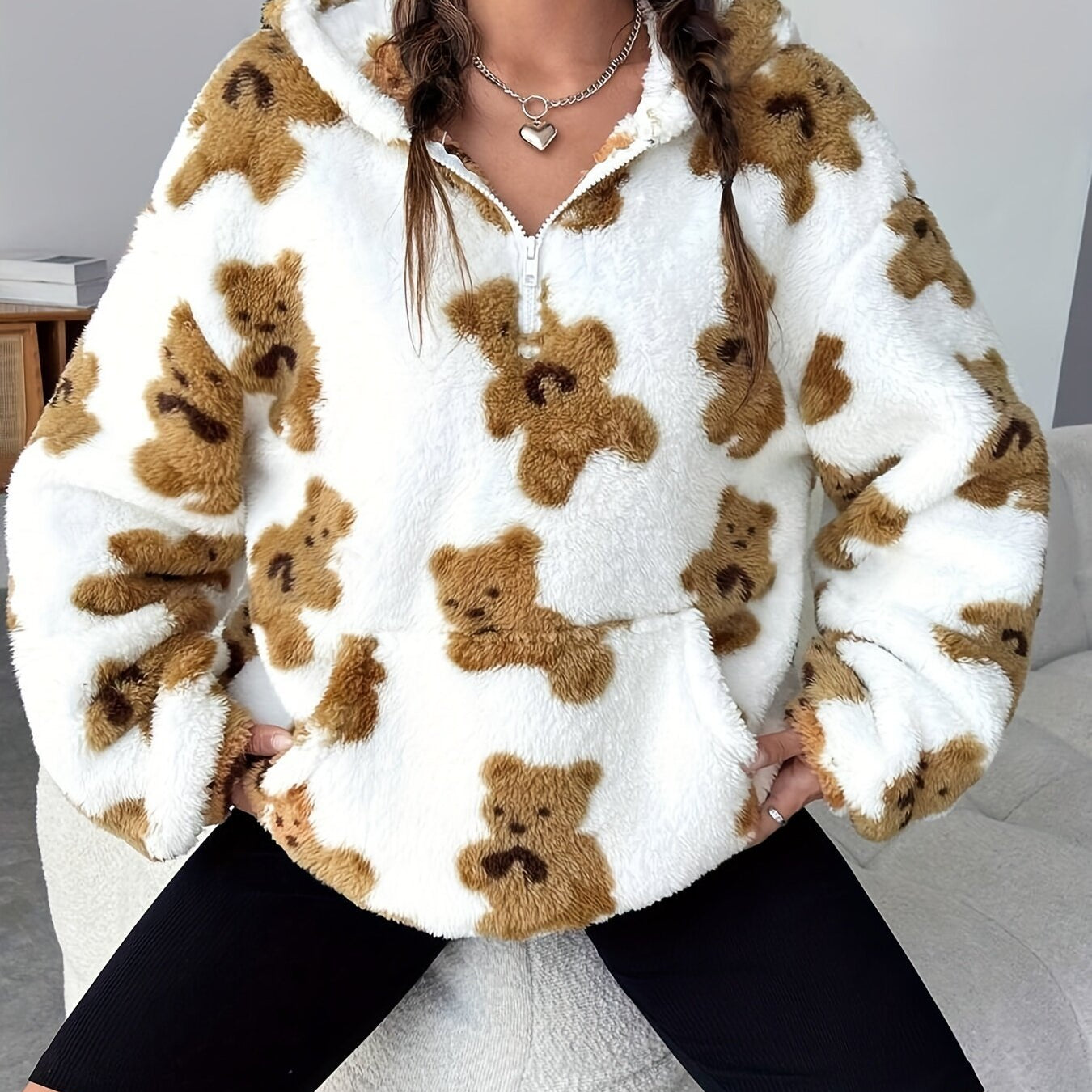 Fluffy white pullover sweater with brown teddy bear print, perfect for Langry fashion ملابس