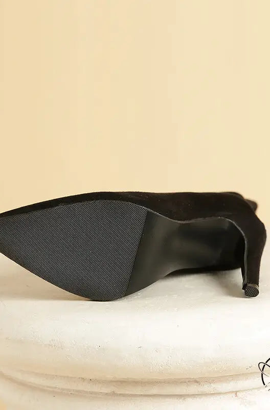 Black suede stiletto bootie in langry fashion over-the-knee style