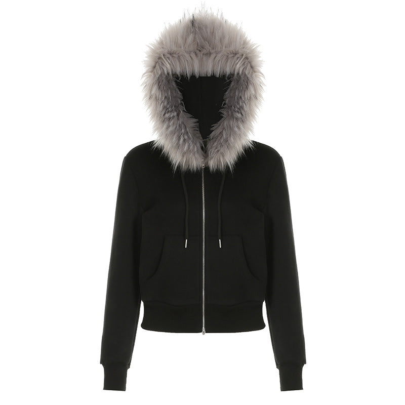Black cropped hooded jacket with grey faux fur trim from Street Retro Hooded Furry Splicing Coat, stylish ملابس for fashion enthusiasts