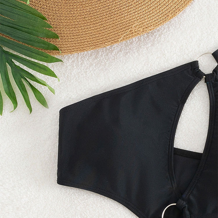 Black solid color one shoulder swimsuit set with ring detail high waist bikini style