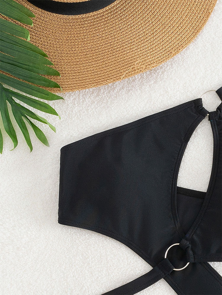 Black solid color one shoulder swimsuit set with ring detail high waist bikini style
